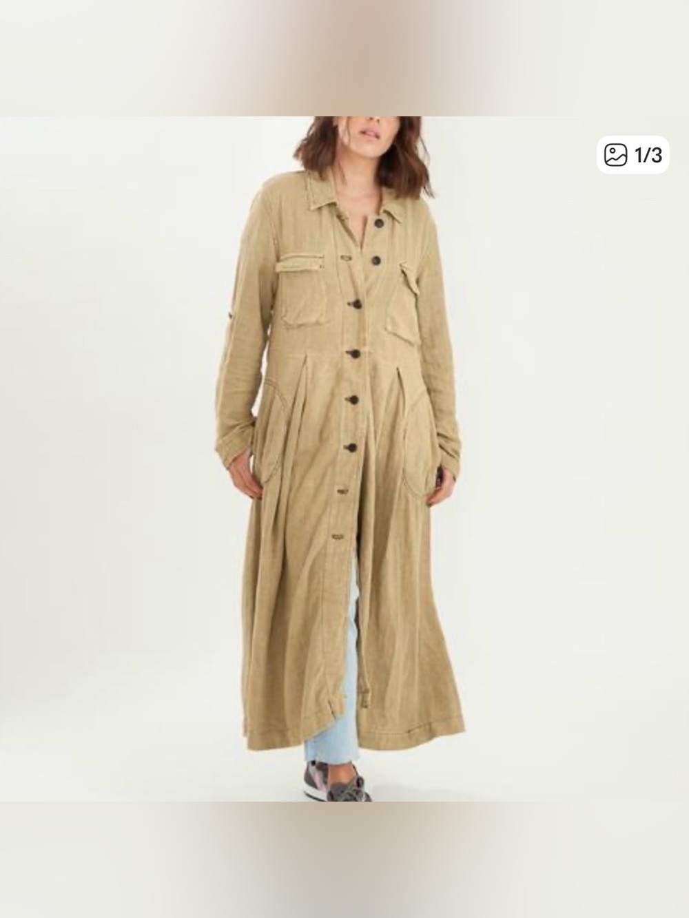 Free people Raine Long Button-Front Utility Duster Coat in Khaki